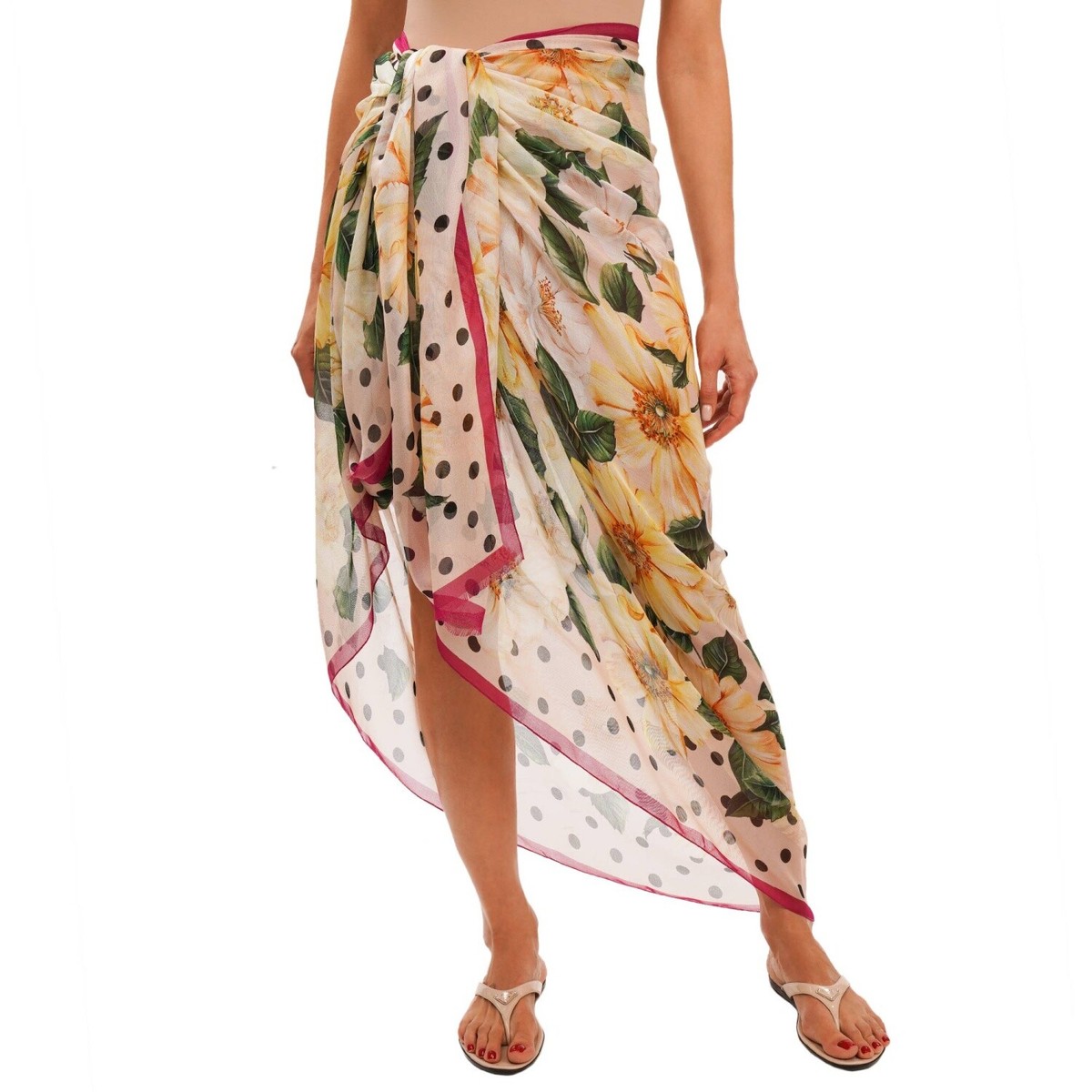 Dolce Gabbana Fiore a Pois Stampa Seta Sciarpa Foulard Pareo