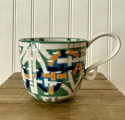 Anthropologie Curly Handled 10oz Mug/Cup, Hand Painted Abstract, Stoneware EUC
