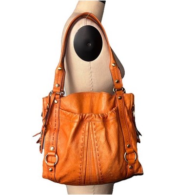 Y2K B. Makowsky Thick 100% Leather Pocket Tote Topstitch Orange Zip Slouch Bag
