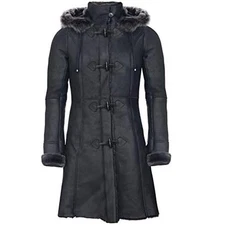 Women’s Black Real Sheepskin Leather Jacket Shearling Fur Winter Hooded Coat