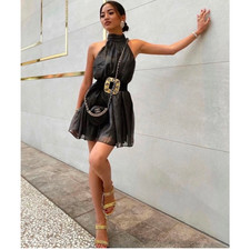 Choosy Black Open-Back Chiffon Mini-Dress Size M NWT