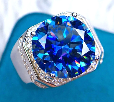 925 Silber, Atemberaubender Azurblauer Diamant Herrenring, 10 Kt Zertifiziert...