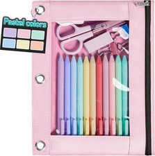 3-Ring Binder Pencil Pouch Cute Pastel Case with Window Pink