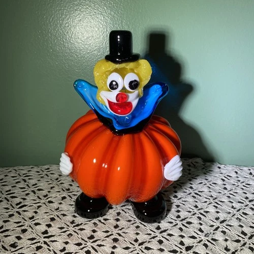 VTG  Murano Style Art Glass Pleated Pumpkin Body Clown Figurine Hand Blown