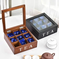 9 Compartment Wood Tea Bag Organizer Storage Box Vintage Tea Case with Glass Lid