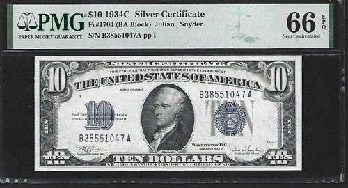 US $10 1934C PMG 66 EPQ UNC Fr #1704 Silver Certificate Julian/Snyder BA Block