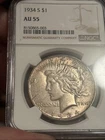 1934 S 🇺🇸 Silver Peace Dollar NGC AU55 🔥 Beautiful Toned Color Key Date