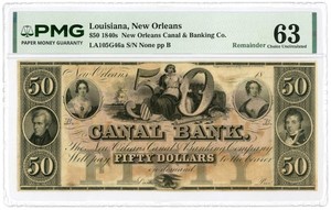 1800's $50 The Canal Bank - New Orleans, LOUISIANA Note PMG CU 63