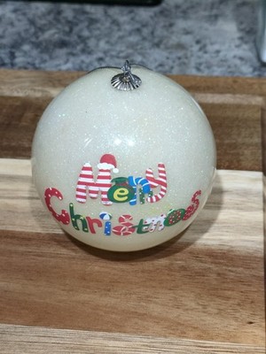 Light Up Glass Merry Christmas Ornament Pearl White Iridescent Holiday Bauble