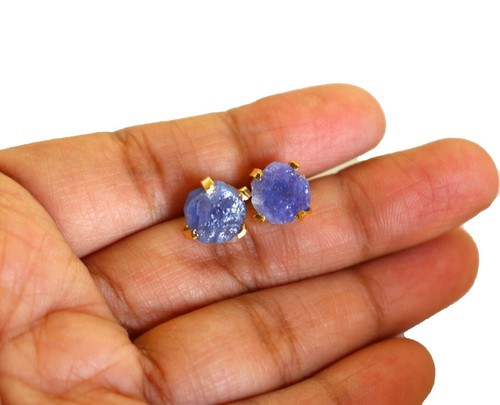 Natural Tanzanite Raw December Birthstone 18k Gold Plated Brass Studs Earrings - Picture 6 of 6
