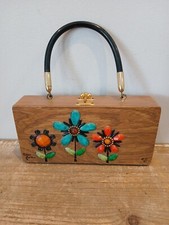 Vintage ENID COLLINS Mid Century Mod 60s Wood Box Bag Tres Flores 3 Flower PURSE