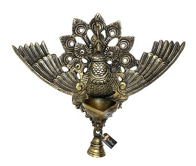 Messing Pfau Winged Design Wandbehang Diya mit Glocke Wohndeko Geschenk Artikel