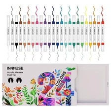 24 Colors Dual Tip Acrylic Paint Pens Set Extra Fine Tip and Brush Tip Perman...