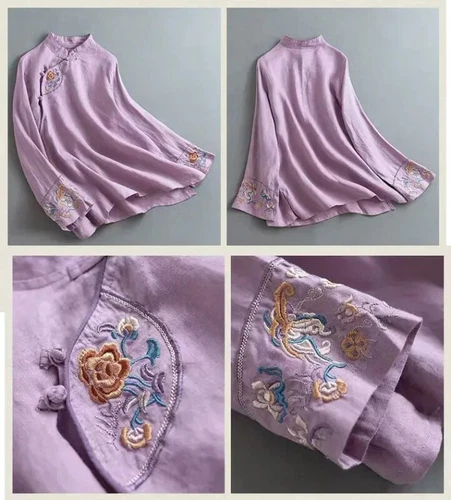 Blusa Camisa Mujer China Bordada Floral Cuello Mandarín Retro Top Étnico - Imagen 6 de 19