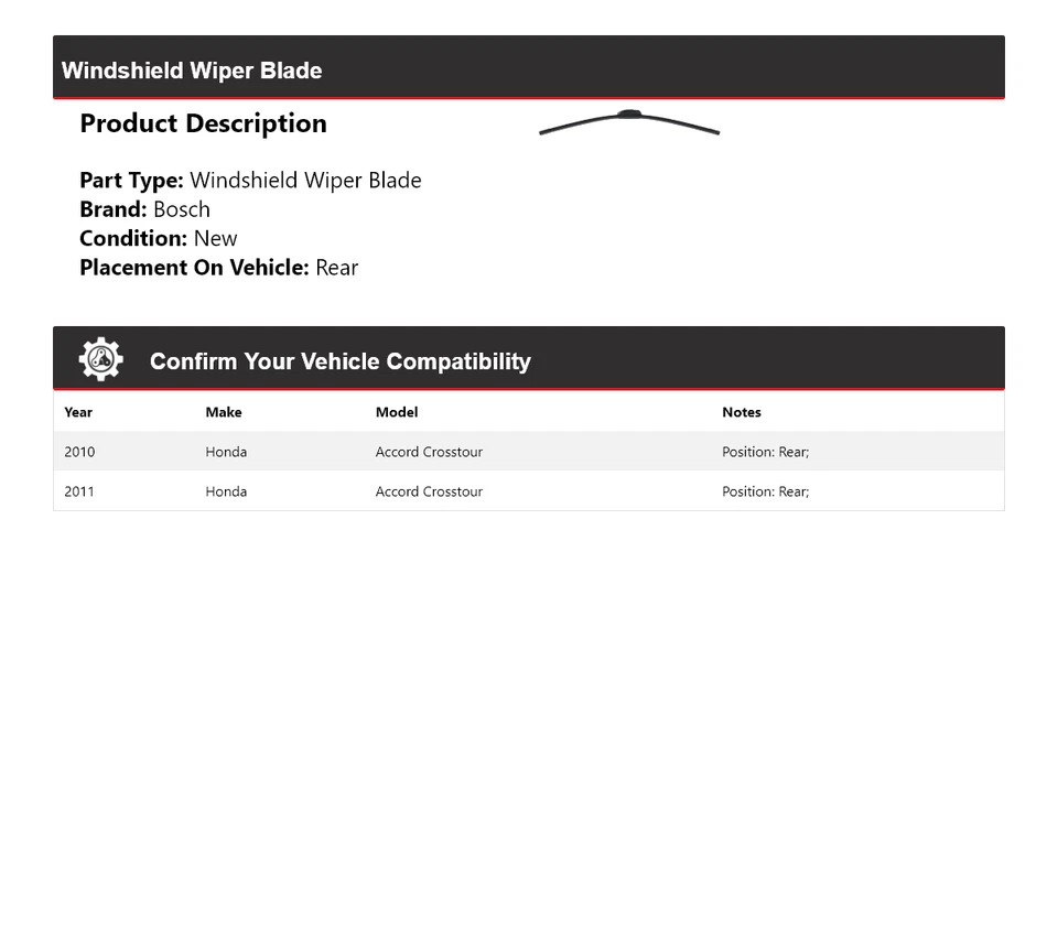 Limpiaparabrisas trasero para Honda Accord Crosstour Bosch ICON 2010-2011 Foto 2 de 4