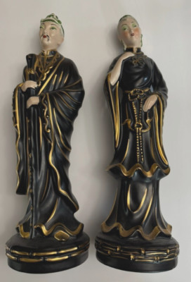 Antique/ Vtg Asian Glazed Emperor & Empress 15 '' Figurines- Hand Painted 
