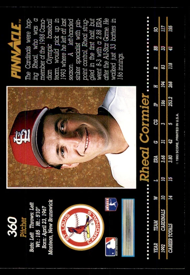1993 Pinnacle Rheal Cormier St. Louis Cardinals #360 - Image 2 of 2