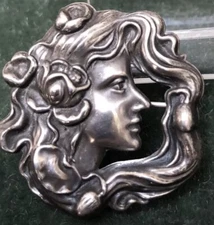ANTQ ART NOUVEAU STERLING SILVR CHATELAINE WATCH PIN BROOCH LOCKET HOLDER MAIDEN