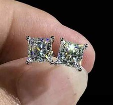 2 Ct Princess Cut Lab Lab Created Solitaire Stud Earrings 14k White Gold Plated