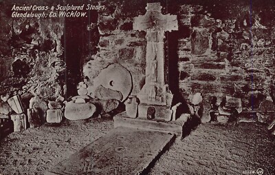 Glendalough-County Wicklow-Ireland ~ Ancient Cross Schulptured Stones-Postcard