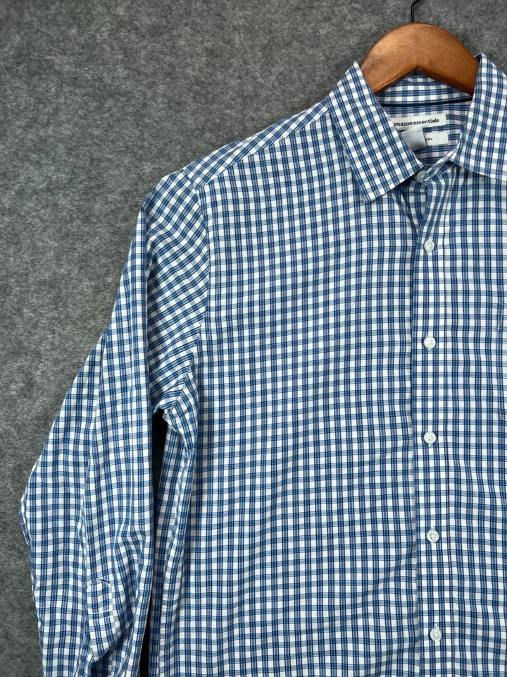 Camisa de vestir Amazon Essentials para hombre mediana azul a cuadros algodón manga larga Foto 3 de 4
