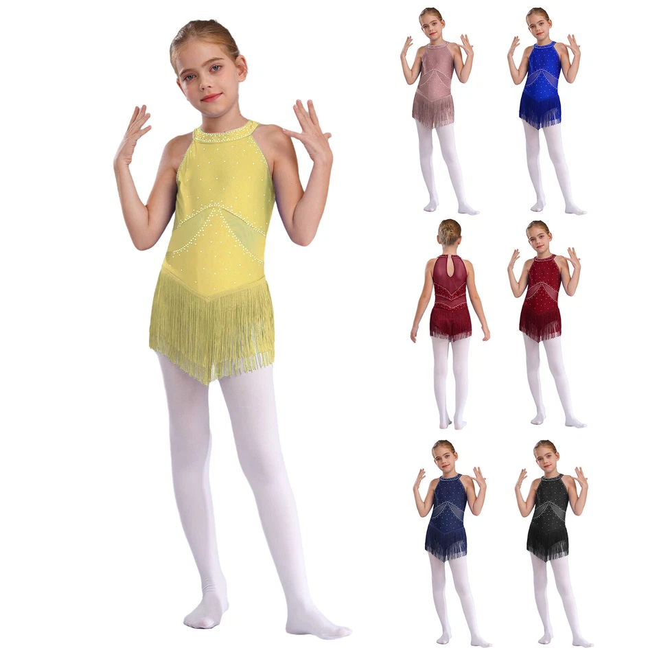 Kids Girls Leotards Fringed Bodysuit Gymnastics Jumpsuit Back Costume Shiny - Image 2 of 4
