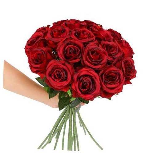 Red Roses Artificial Flowers - 12 pcs Realistic Long Stem Fake Roses Burgundy