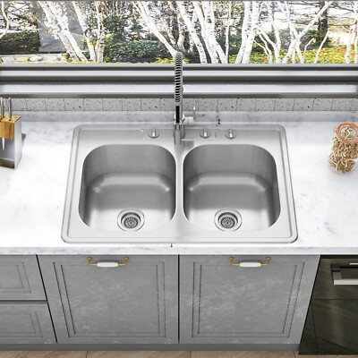 #ad #ad Sinber 33quot; Drop in Double Bowl Kitchen Sink with 304 Stainless Steel MT3322DE $119.95