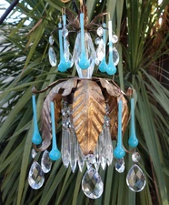 Vintage Tole lamp Italian OPALINE Lily tulip Brass gilt leaf Florentine w Canopy