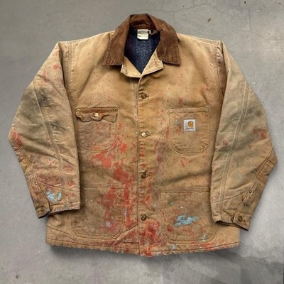 Vintage Carhartt Paint Splatter Distressed Blanket Lined Chore Jacket Coat Sz 44
