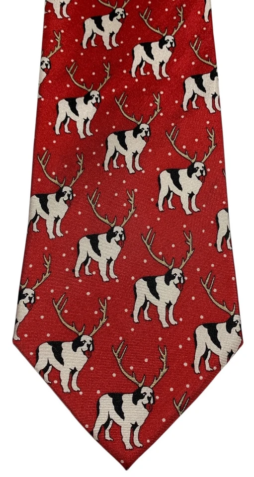 BIG DOGS Men's Red Silk Christmas Tie St. Bernards Deer Antlers - 59"L/4"W - Image 3 of 4