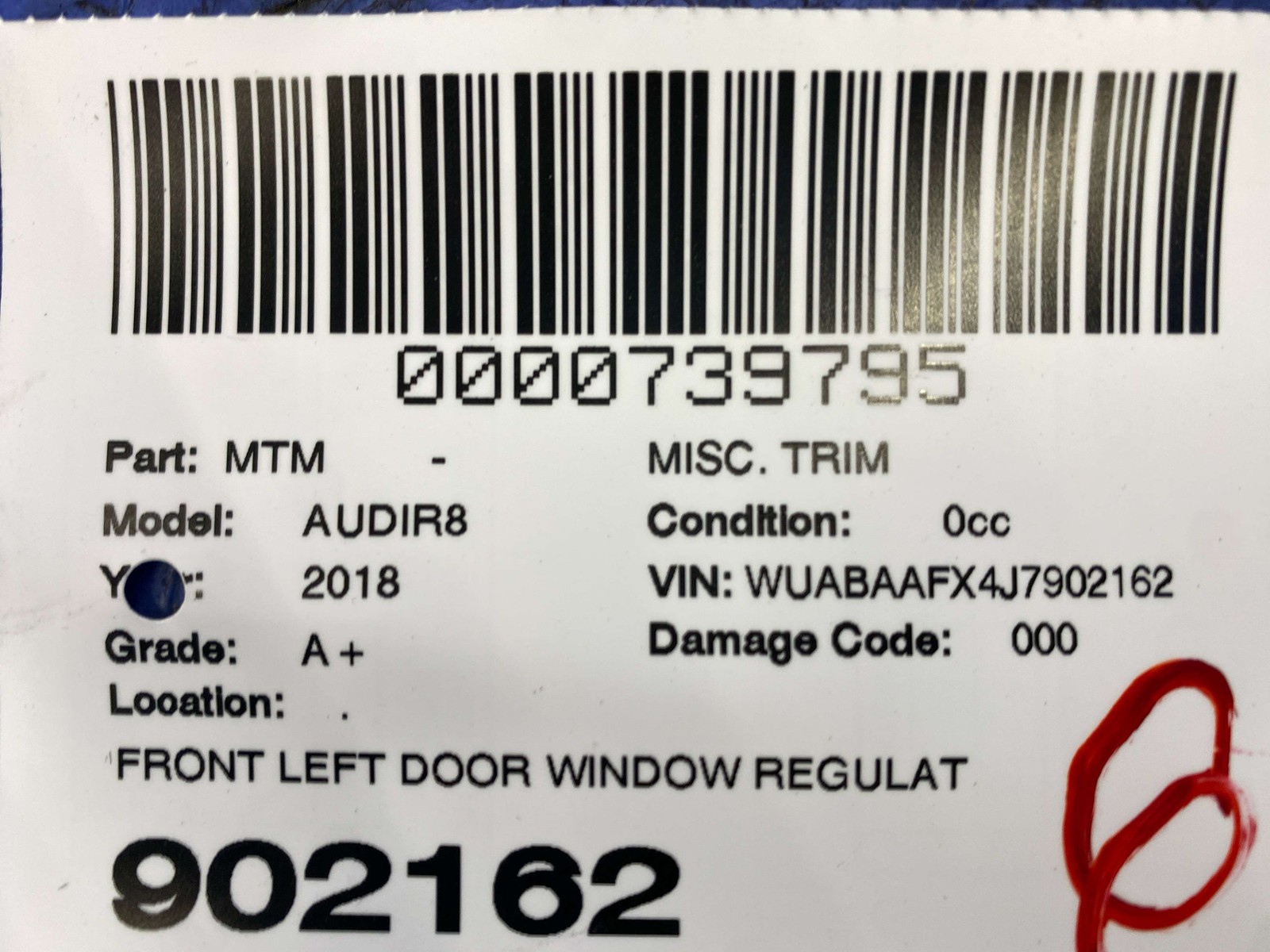 2017-2023 AUDI R8 V10 4S RWS OEM FRONT LEFT DOOR WINDOW REGULATOR TRIM 4S0837103