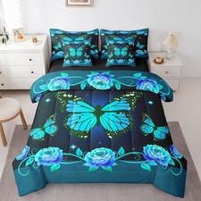 Butterfly Bed in a Bag Queen Comforter Set 7 Piece Teal Rose Bedding Sets,Rom...