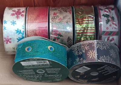 Wired Ribbon Lot Stripe Holiday Peacock Feather Holly Berry Candy Cane Pinecone