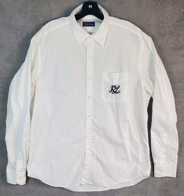 Ralph Lauren Purple Label Men XL Button Down Shirt Italy Embroidery White Cotton