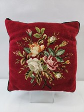Roses Floral Red Needlepoint Feather Accent Pillow 15" X 15" Green Velvet Back