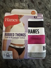 6/M Hanes Women  s Ribbed Cotton Thong 3-Pack, Pink, Black, Gray Stretch 40-41  