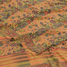 Sanskriti Vintage Saree Peach-Green Pure Crepe Floral Printed Sari 5.5 yd Fabric