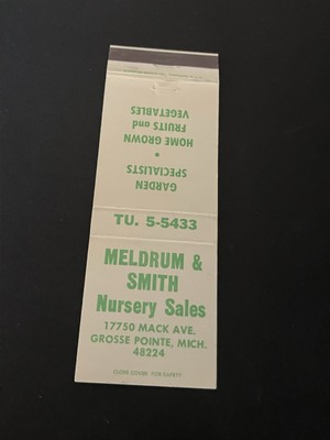 Vintage Michigan Matchbook  Meldrum & Smith Nursery Sales  Grosse Pointe