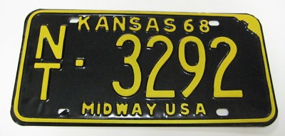 Vtg 1968 Kansas License Plate Tag NT #3292 MIDWAY USA Black Yellow