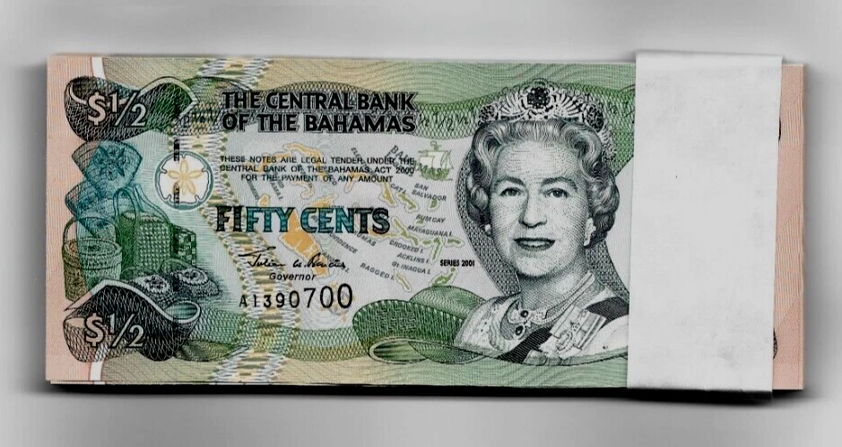 BAHAMAS 0.50 1/2 DOLLAR P-68 2001 x 100 Pcs Lot BUNDLE QUEEN UNC Currency NOTE - Image 3 of 4