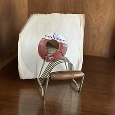 Vintage MCM Record Holder Brass Wire Wood 40-Slot Record Stand 13.5