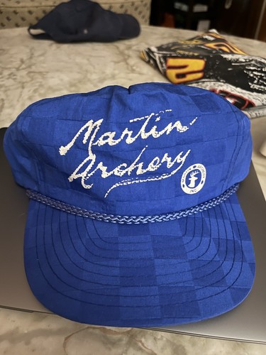 Martin Archery Adjustable Snapback Trucker Cap Hat, Blue White Zipper-back