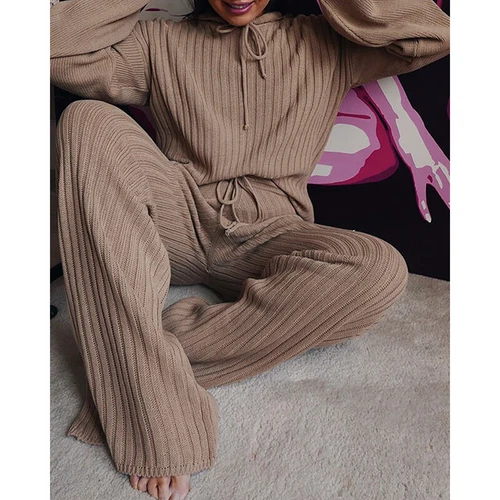 Outfits zweiteiliges Set Freizeitanzug Damenanzug Strickpyjama süß einfarbig mit Kapuze - Bild 9 von 22