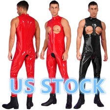 Men Crotchless Leather Jumpsuit Open Cups Sleeveless Wetlook Leotard Lingerie