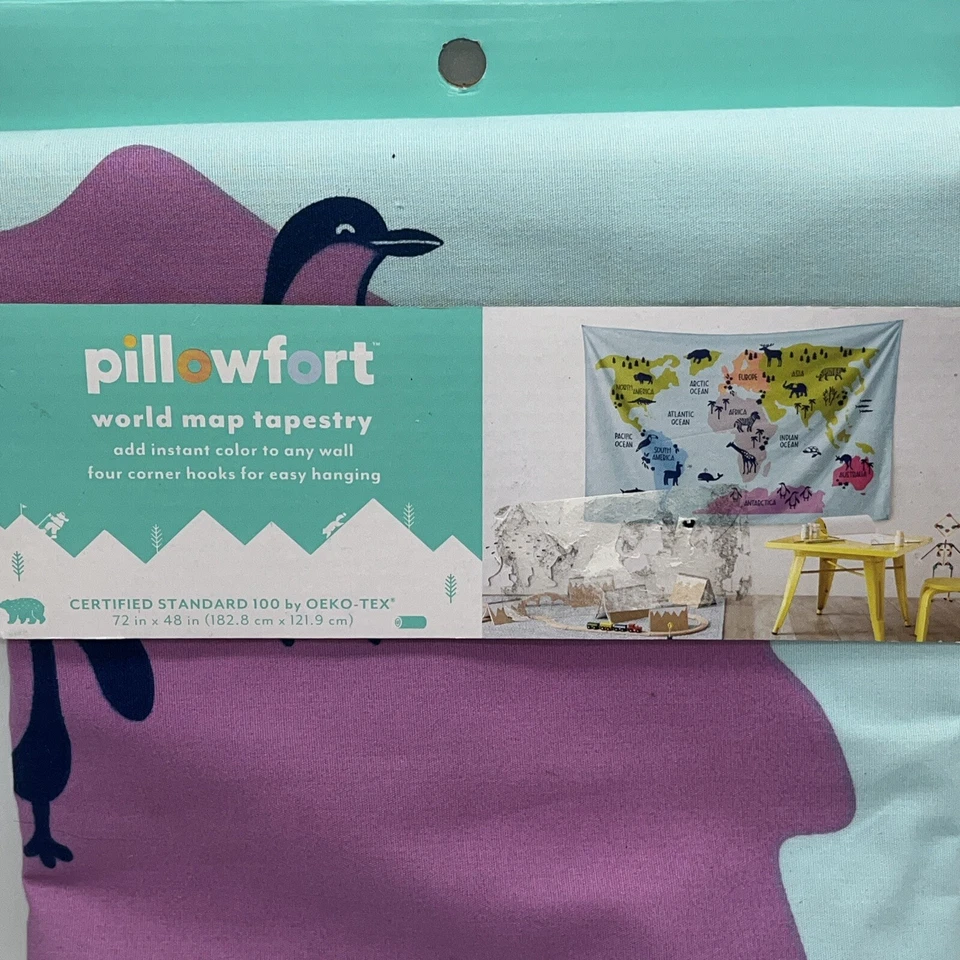 Pillowfort World Map Tapestry 72"x48" Wall Hanging Multicolor School Educational - Image 2 of 4