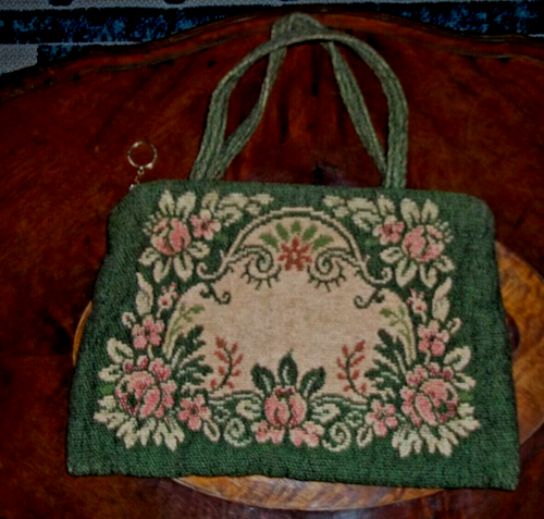 Vintage Teppich Tasche Gobelin Stoff Satin gefüttert Handtasche Blumen Reißverschluss