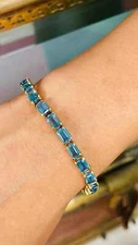 14K Yellow Gold Plated Emerald Cut Lab Created Blue Topaz Women Tennis Bracelet