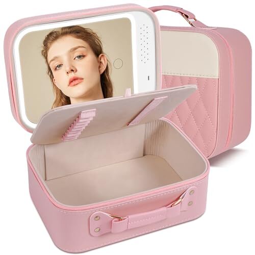 M-Box Travel Makeup Bag With LED Mirror, Protable Size Makeup pinkish-white