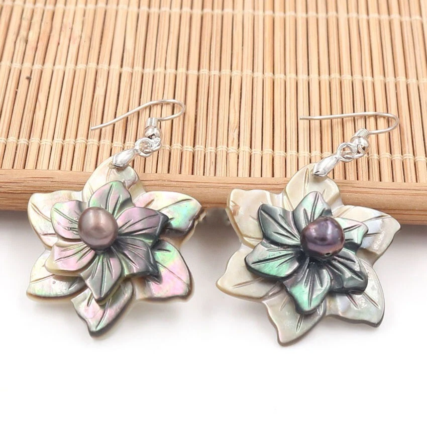 Genuine Flower Carved Shell Black Pearl Gems Silver Dangle Hook Earrings Jewelry - Image 3 of 4